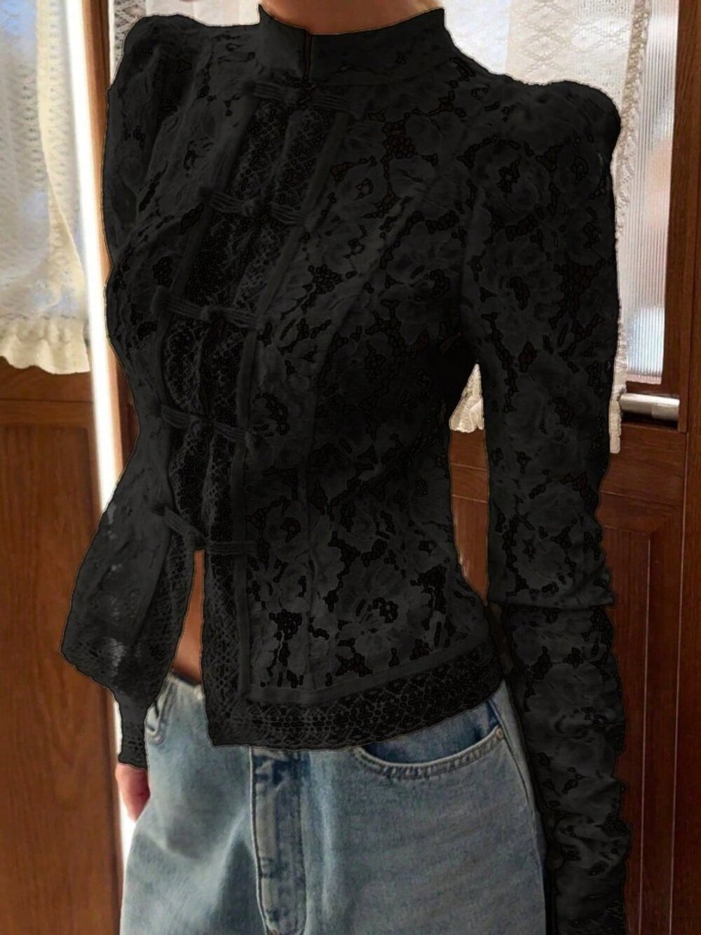 Black Casual Women's Elegant Palace Loose Floral Lace Hollow-Out Blouse
